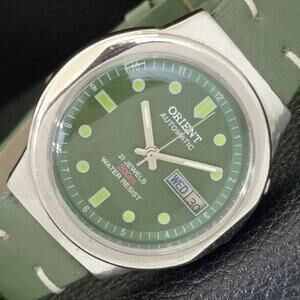 Vintage 1991 Orient Automatic Mens Silver Watch W/daydate & Green accents